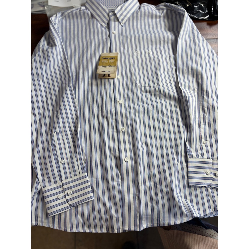 Wrangler George Strait Relaxed Fit Stretch Striped Shirt Blue Red XL NEW